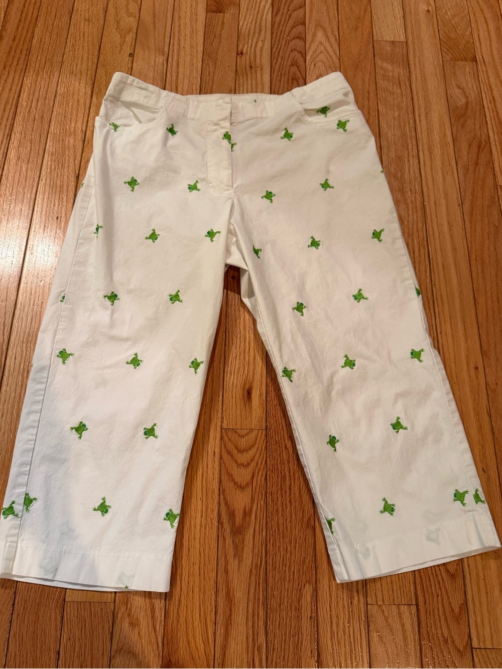 White Cropped Capri Pants Green Frog Print Cotton Summer